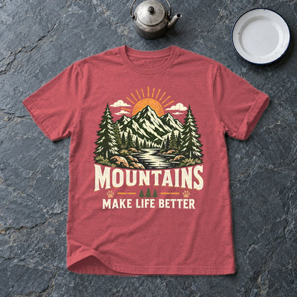 Mountains Make Life Better Graphic Tee on Heather Red Everyday Soft Tee