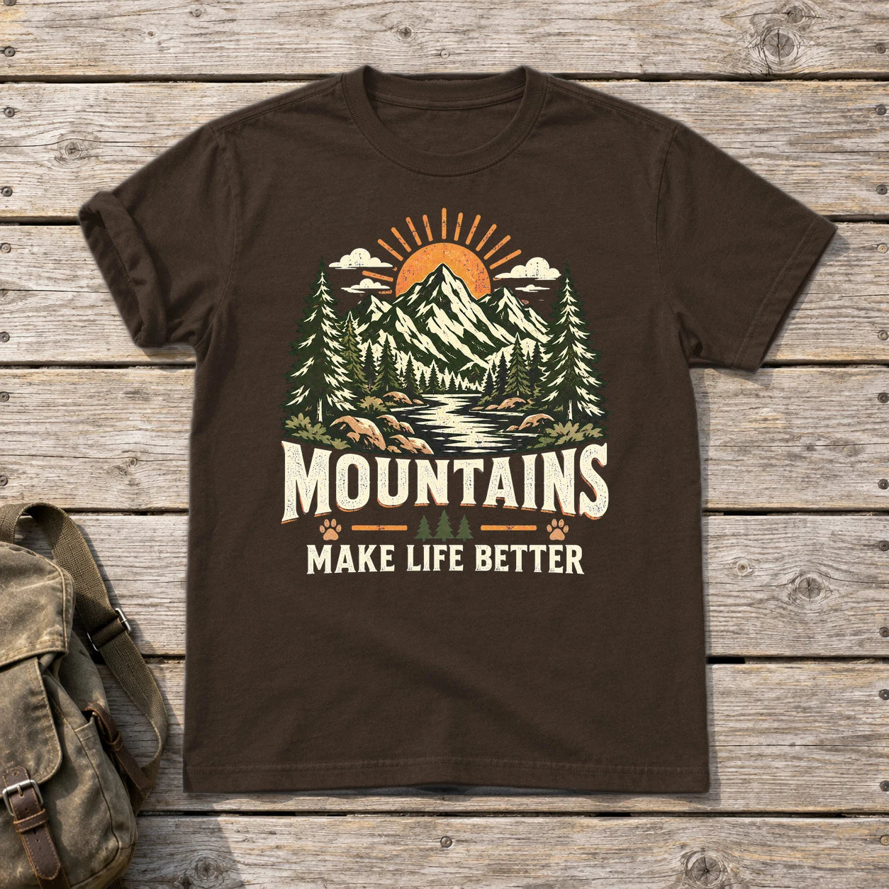 Mountains Make Life Better Graphic Tee on Dark Chocolate Everyday Soft Tee