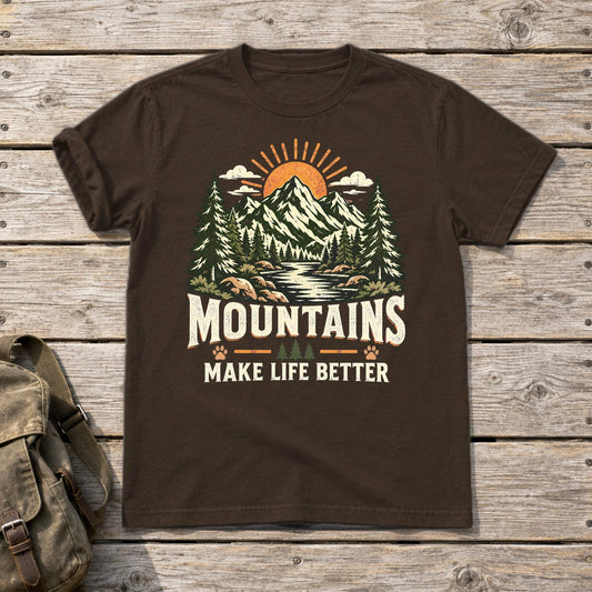 Mountains Make Life Better Graphic Tee on Dark Chocolate Everyday Soft Tee