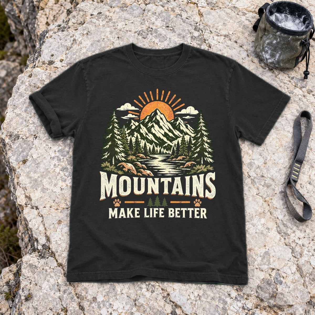 Mountains Make Life Better Graphic Tee on Black Premium Tee