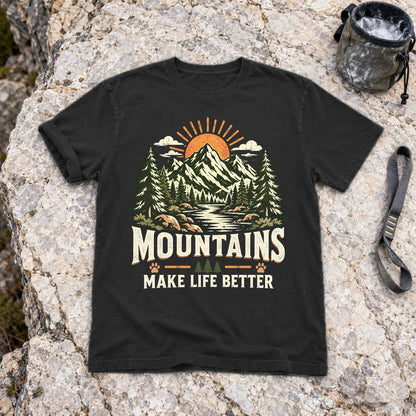 Mountains Make Life Better Graphic Tee on Black Premium Tee