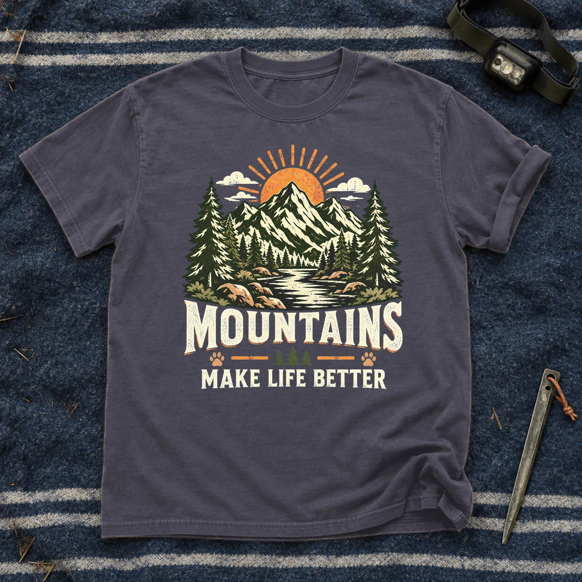 Mountains Make Life Better Graphic Tee on Navy Premium Tee