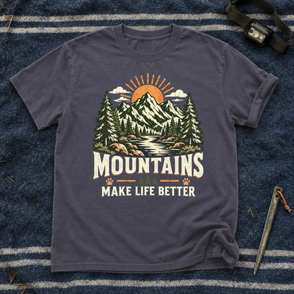 Mountains Make Life Better Graphic Tee on Navy Premium Tee