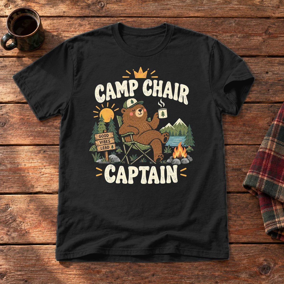 Camp Chair Captain Graphic Tee on Black Everyday Soft Tee