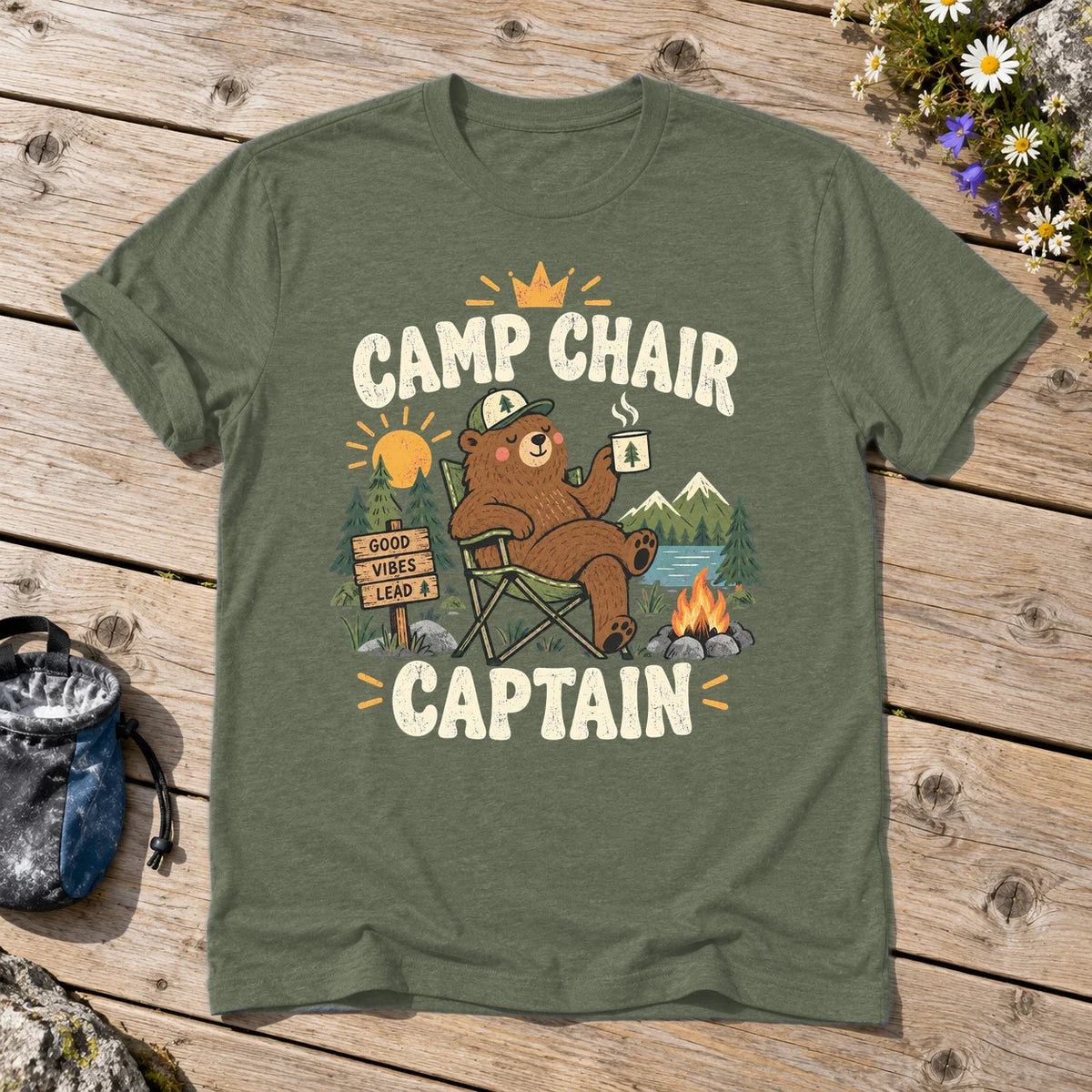 Camp Chair Captain Graphic Tee on Military Green Everyday Soft Tee
