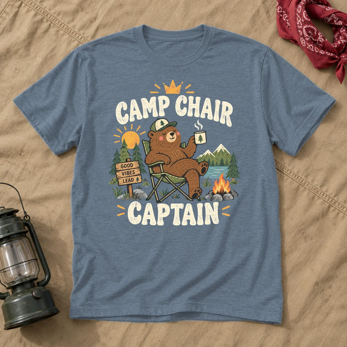 Camp Chair Captain Graphic Tee on Heather Indigo Everyday Soft Tee