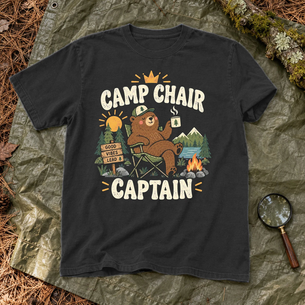 Camp Chair Captain Graphic Tee on Black Premium Tee