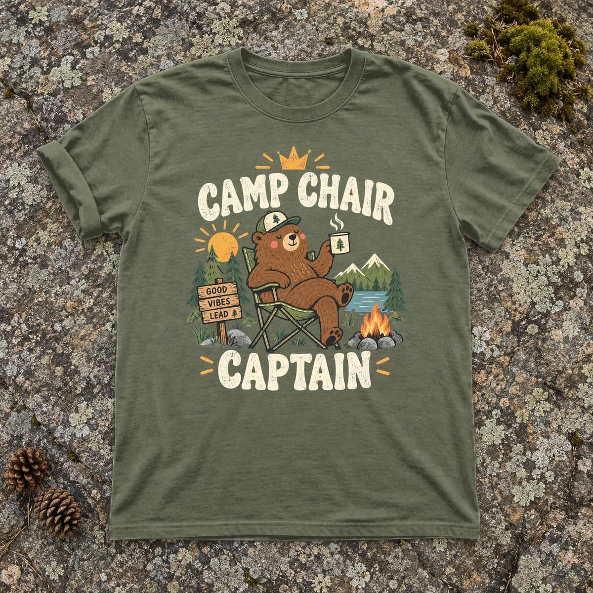 Camp Chair Captain Graphic Tee on Moss Premium Tee