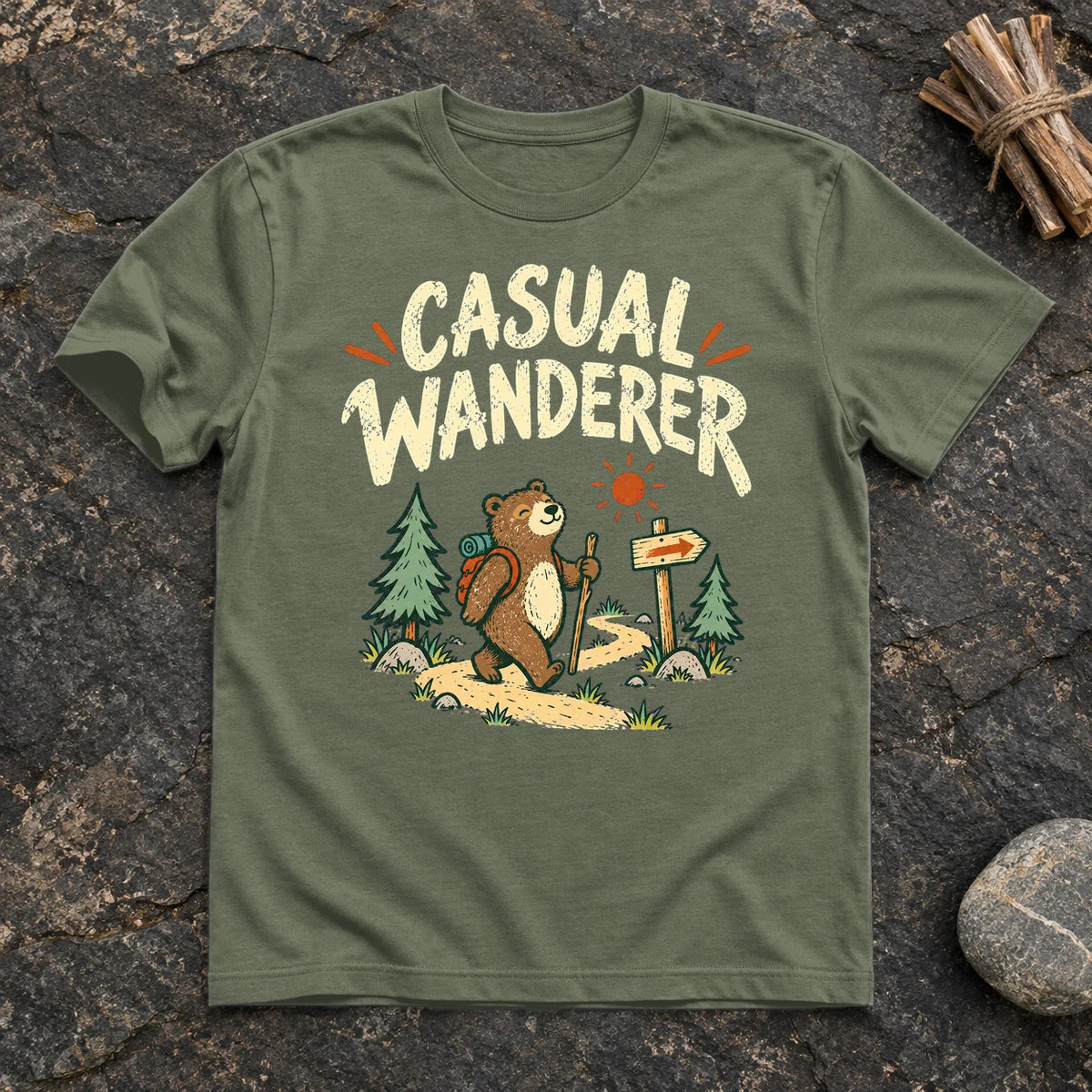 Casual Wanderer Bear Graphic Tee on Military Green Everyday Soft Tee