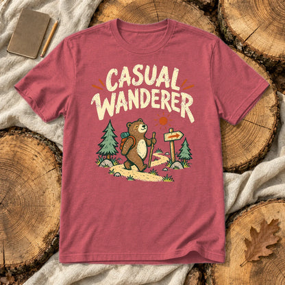 Casual Wanderer Bear Graphic Tee on Heather Red Everyday Soft Tee
