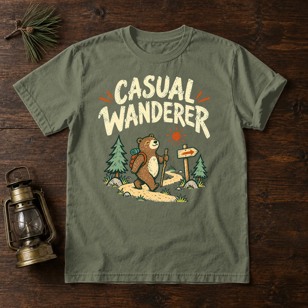 Casual Wanderer Bear Graphic Tee on Moss Premium Tee