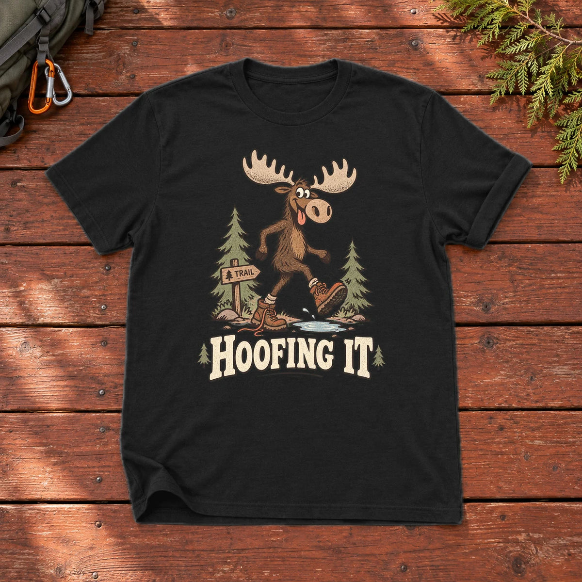 Hoofing It Moose Hiking Graphic Tee on Black Everyday Soft Tee