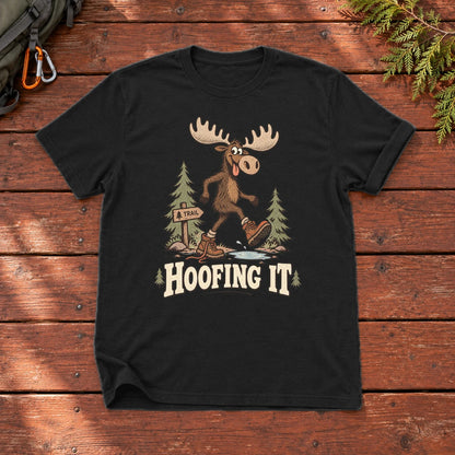 Hoofing It Moose Hiking Graphic Tee on Black Everyday Soft Tee