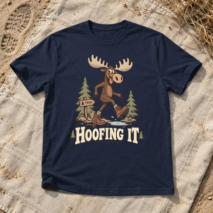 Hoofing It Moose Hiking Graphic Tee on Navy Everyday Soft Tee