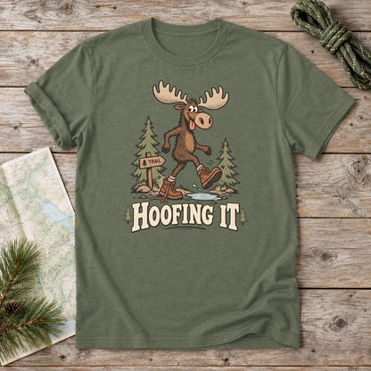 Hoofing It Moose Hiking Graphic Tee on Military Green Everyday Soft Tee