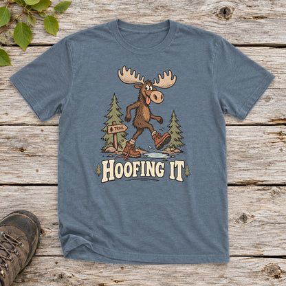 Hoofing It Moose Hiking Graphic Tee on Heather Indigo Everyday Soft Tee