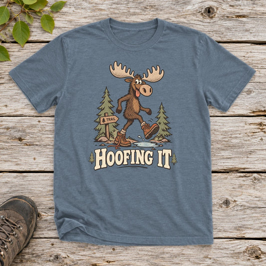 Hoofing It Moose Hiking Graphic Tee on Heather Indigo Everyday Soft Tee