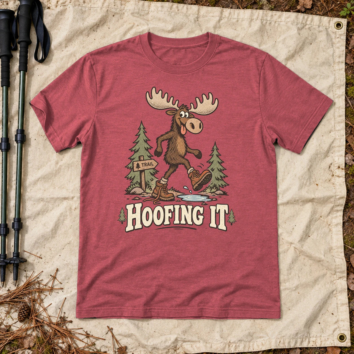 Hoofing It Moose Hiking Graphic Tee on Heather Red Everyday Soft Tee