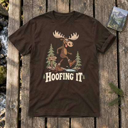 Hoofing It Moose Hiking Graphic Tee on Dark Chocolate Everyday Soft Tee