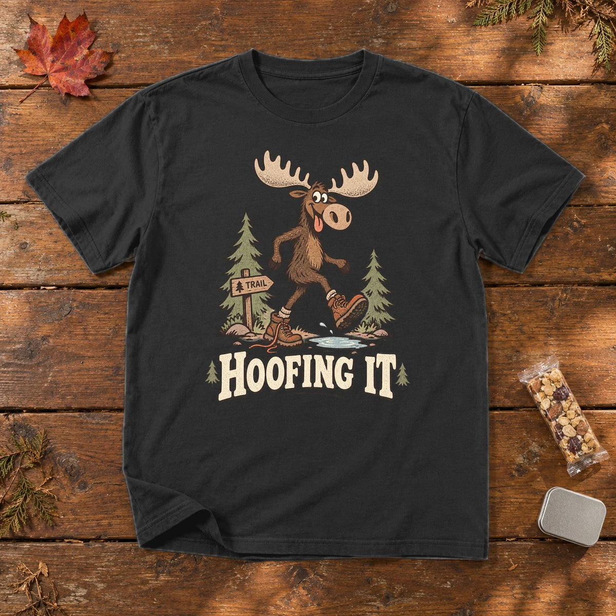 Hoofing It Moose Hiking Graphic Tee on Black Premium Tee