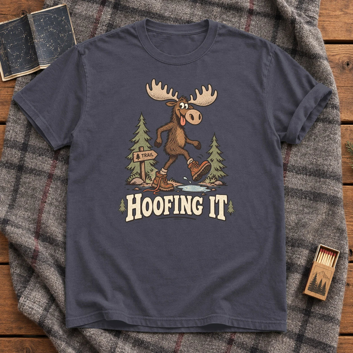 Hoofing It Moose Hiking Graphic Tee on Navy Premium Tee