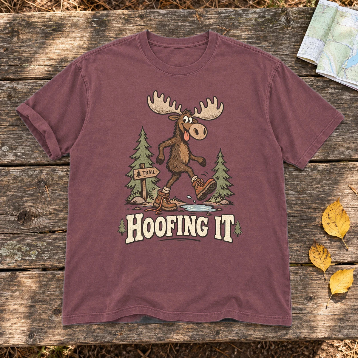 Hoofing It Moose Hiking Graphic Tee on Brick Premium Tee