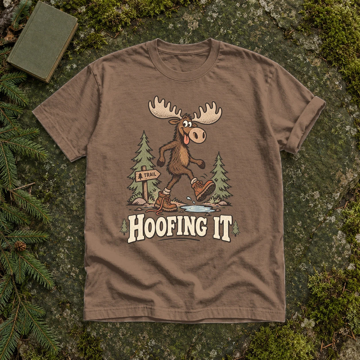 Hoofing It Moose Hiking Graphic Tee on Espresso Premium Tee