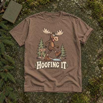 Hoofing It Moose Hiking Graphic Tee on Espresso Premium Tee