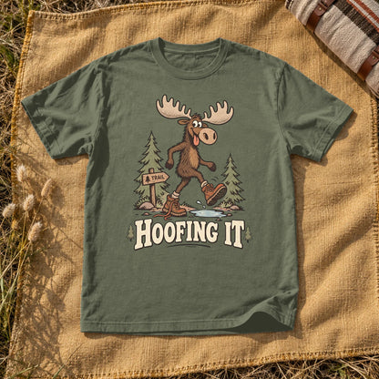 Hoofing It Moose Hiking Graphic Tee on Moss Premium Tee