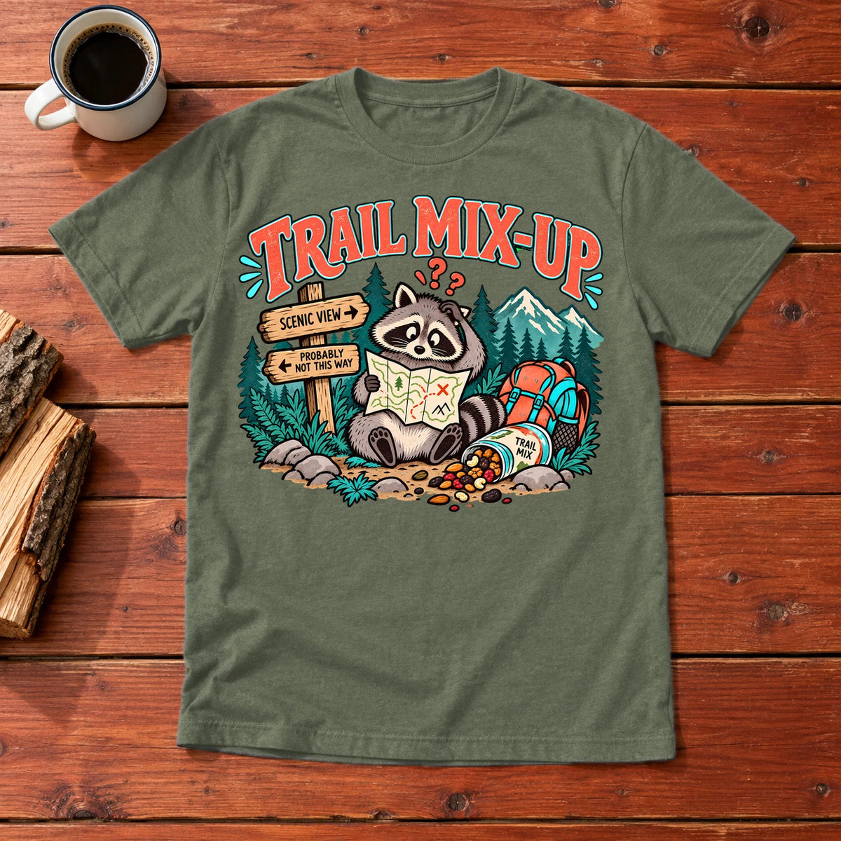 Trail Mix-Up Raccoon Graphic Tee on Military Green Everyday Soft Tee