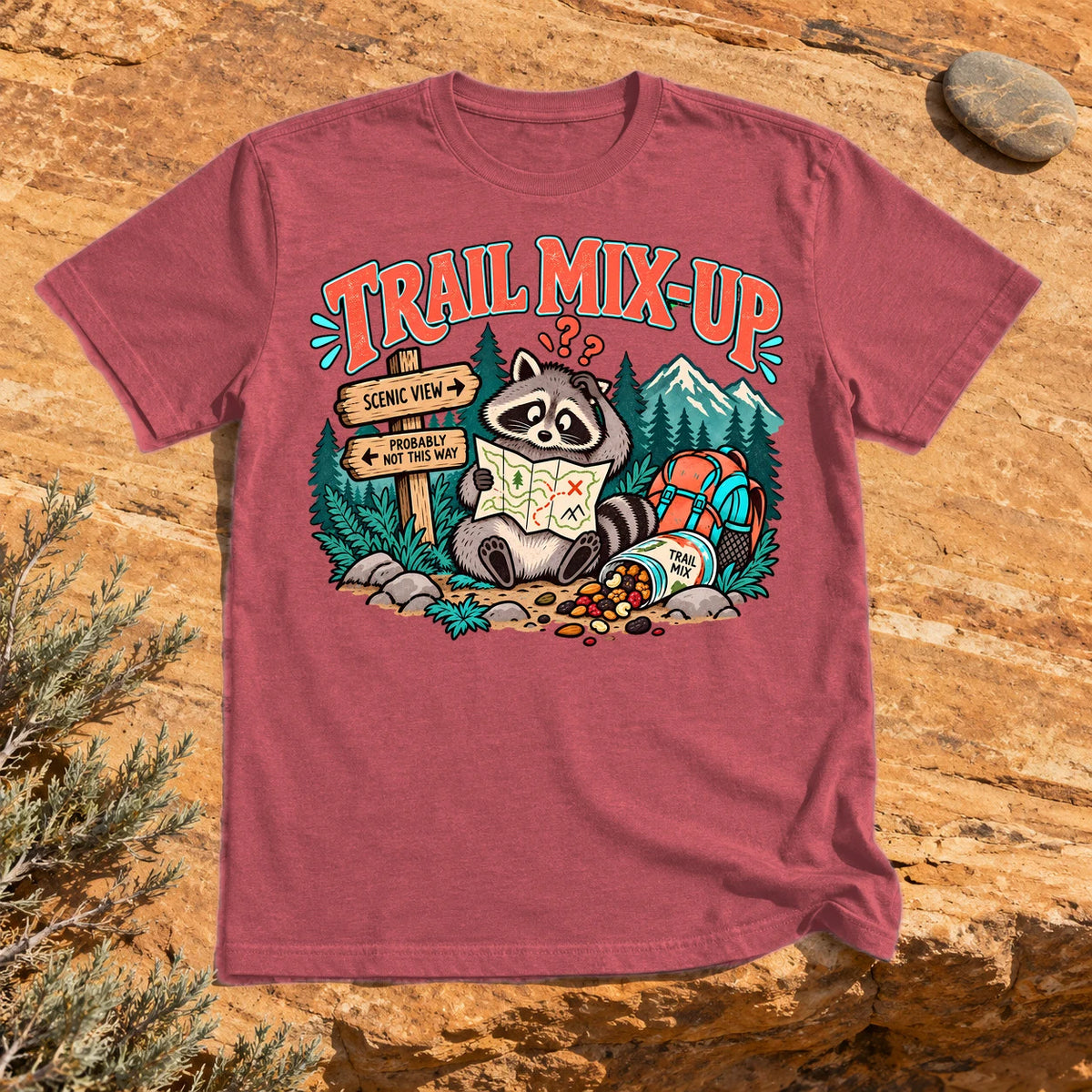 Trail Mix-Up Raccoon Graphic Tee on Heather Red Everyday Soft Tee