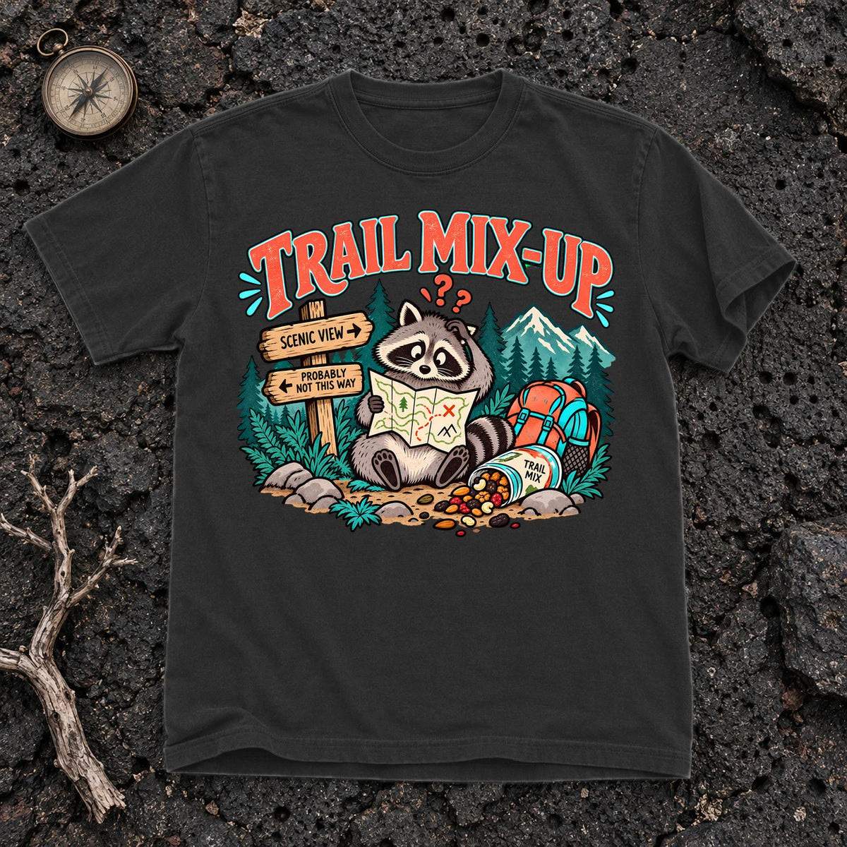 Trail Mix-Up Raccoon Graphic Tee on Black Premium Tee