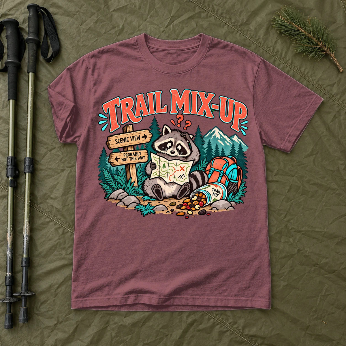 Trail Mix-Up Raccoon Graphic Tee on Brick Premium Tee