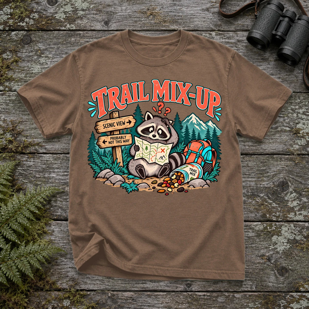 Trail Mix-Up Raccoon Graphic Tee on Espresso Premium Tee
