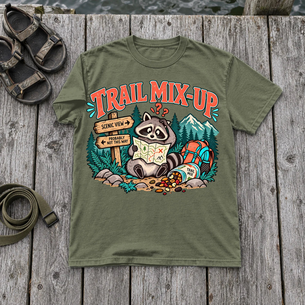 Trail Mix-Up Raccoon Graphic Tee on Moss Premium Tee