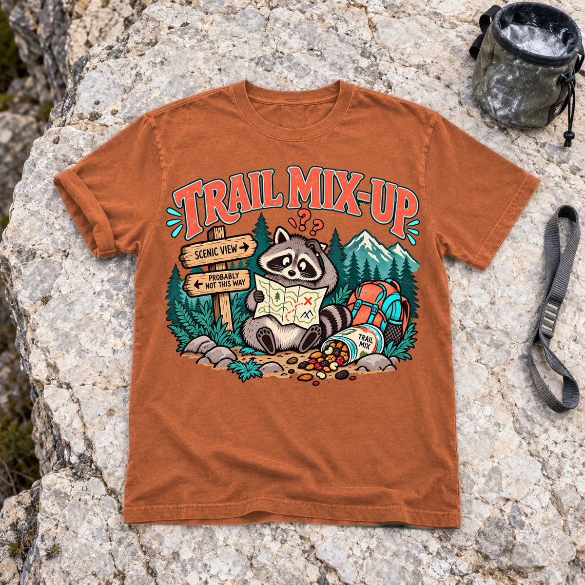 Trail Mix-Up Raccoon Graphic Tee on Yam Premium Tee