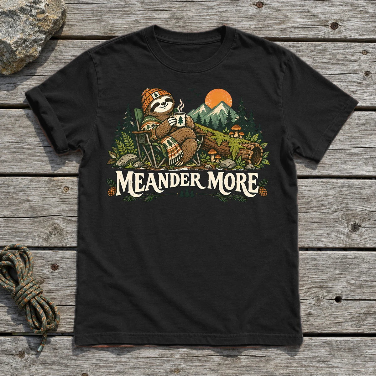Meander More Sloth Camping Graphic Tee on Black Everyday Soft Tee