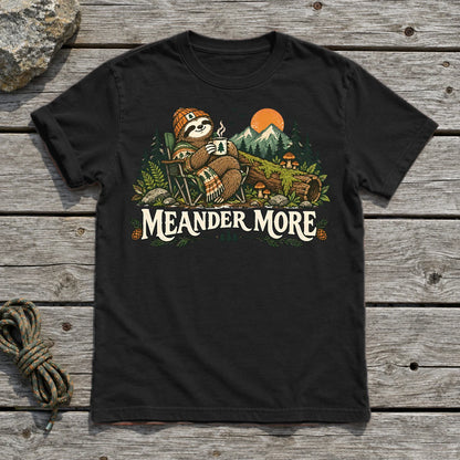 Meander More Sloth Camping Graphic Tee on Black Everyday Soft Tee