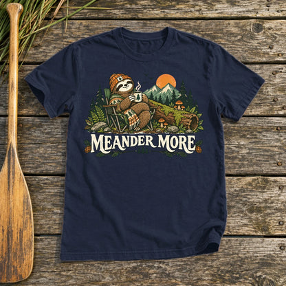 Meander More Sloth Camping Graphic Tee on Navy Everyday Soft Tee