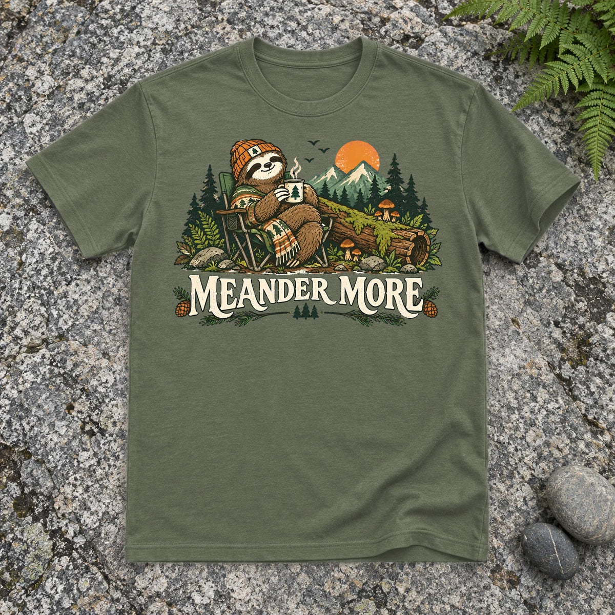 Meander More Sloth Camping Graphic Tee on Military Green Everyday Soft Tee