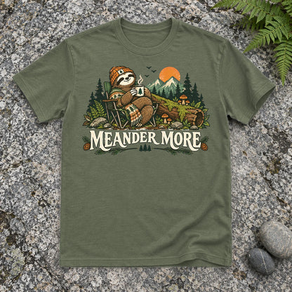 Meander More Sloth Camping Graphic Tee on Military Green Everyday Soft Tee
