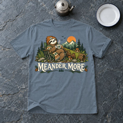 Meander More Sloth Camping Graphic Tee on Heather Indigo Everyday Soft Tee