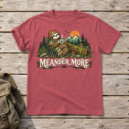 Meander More Sloth Camping Graphic Tee on Heather Red Everyday Soft Tee