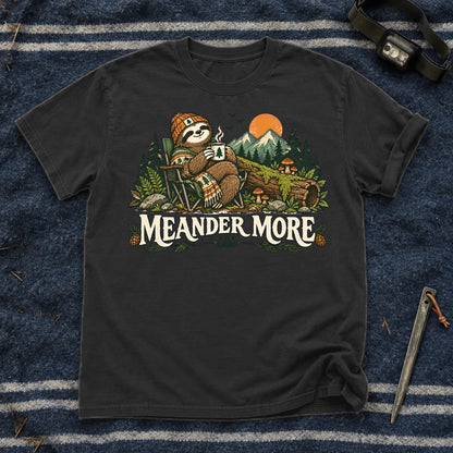 Meander More Sloth Camping Graphic Tee on Black Premium Tee