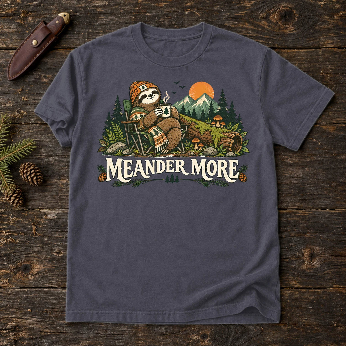 Meander More Sloth Camping Graphic Tee on Navy Premium Tee