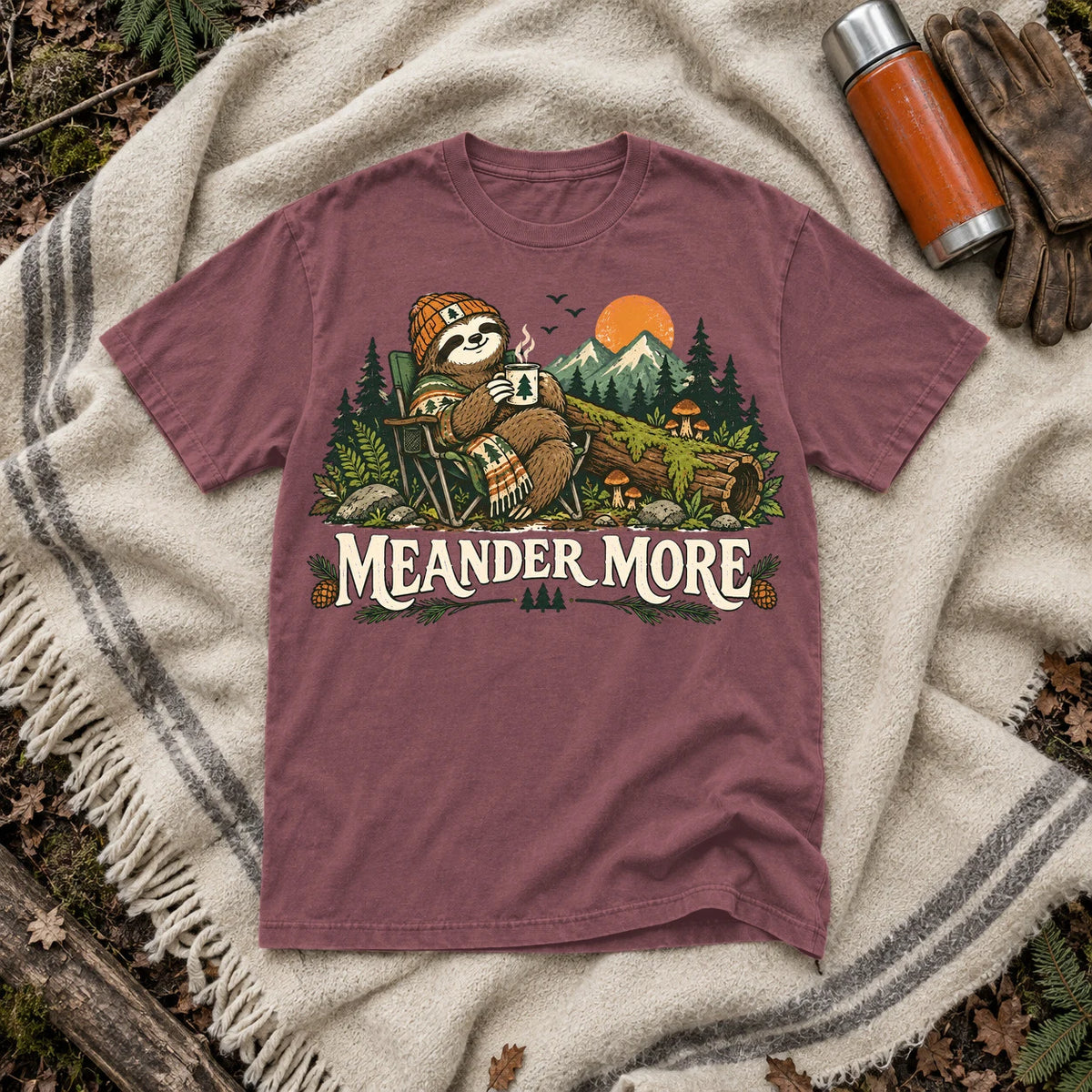 Meander More Sloth Camping Graphic Tee on Brick Premium Tee