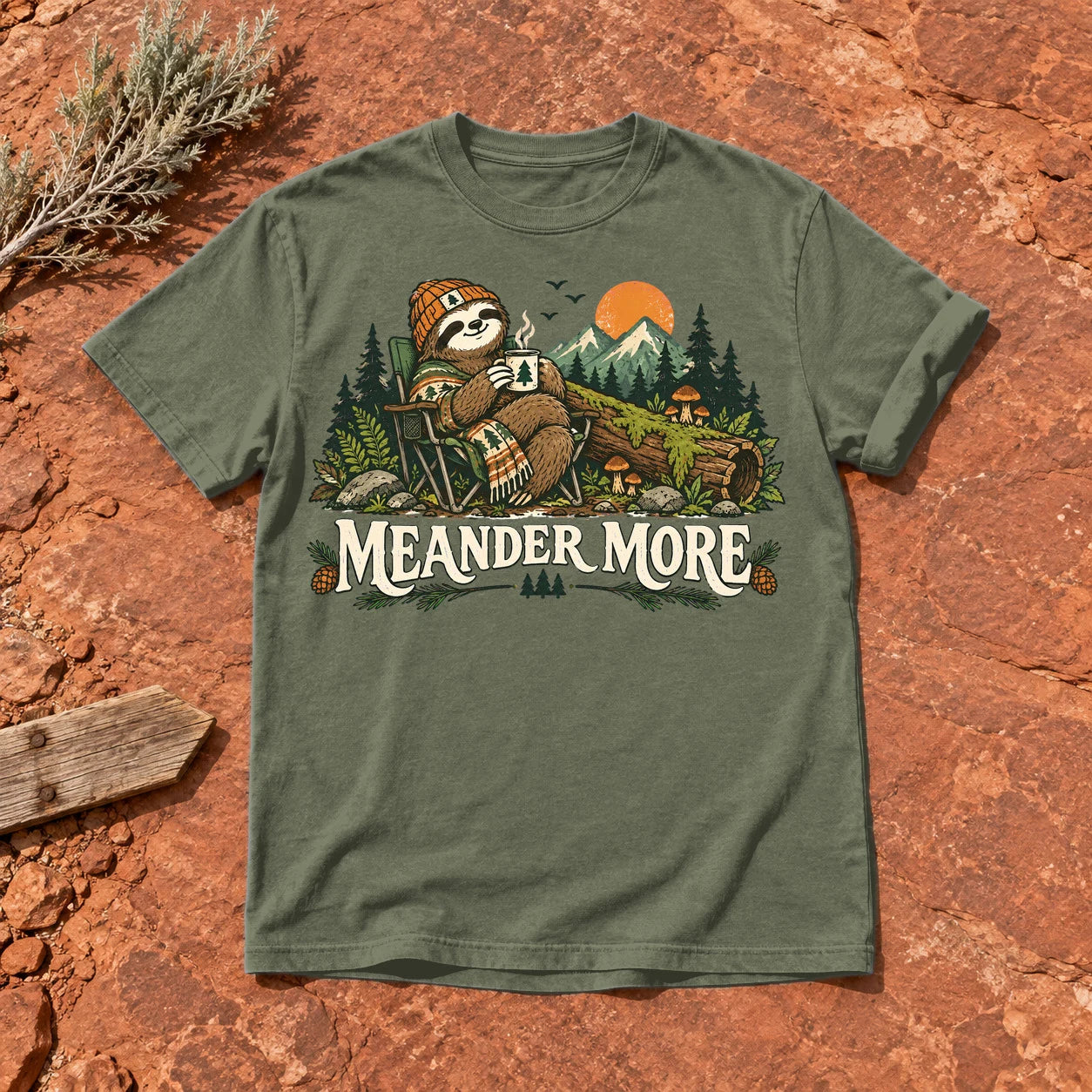 Meander More Sloth Camping Graphic Tee on Moss Premium Tee