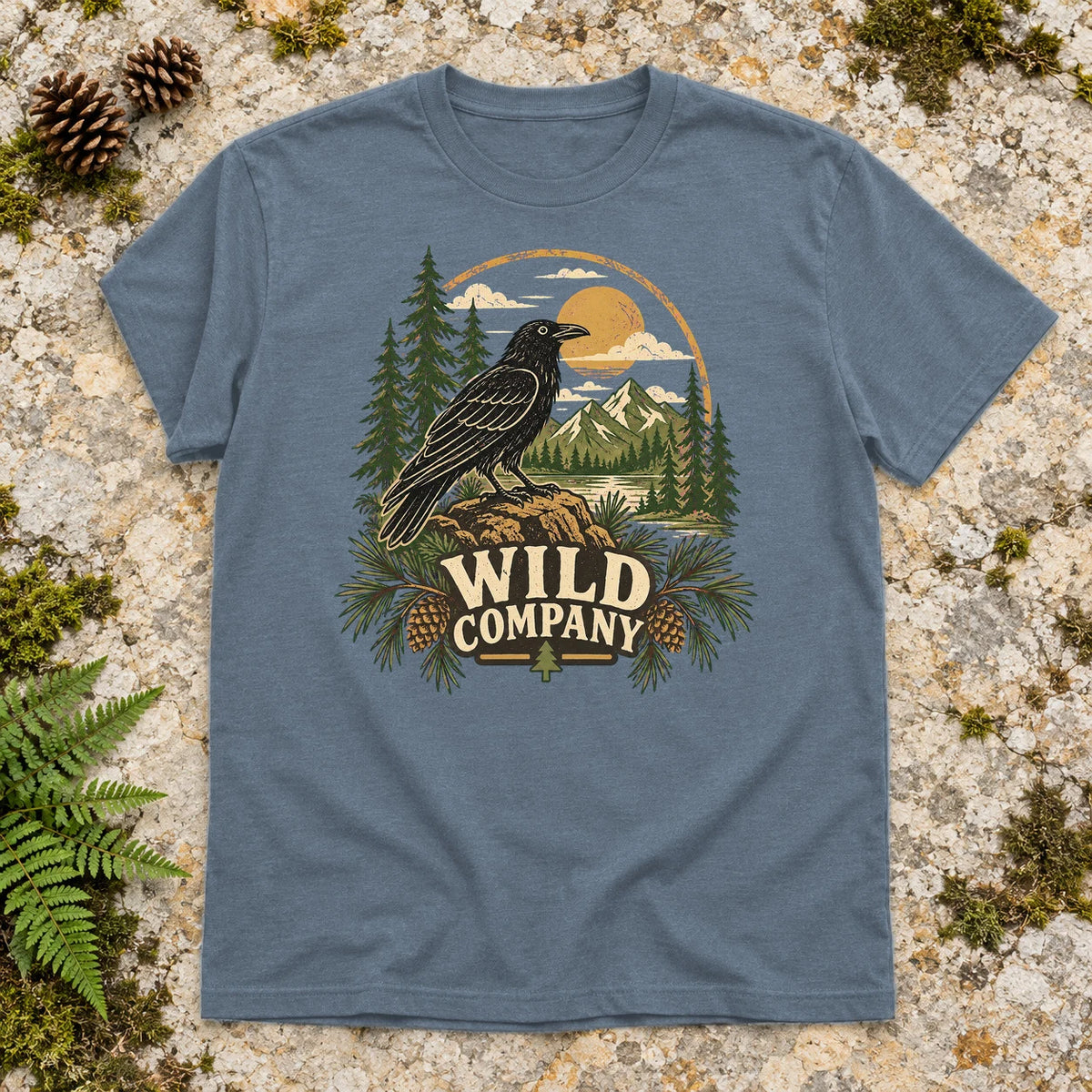 Wild Company Raven Graphic Tee on Heather Indigo Everyday Soft Tee