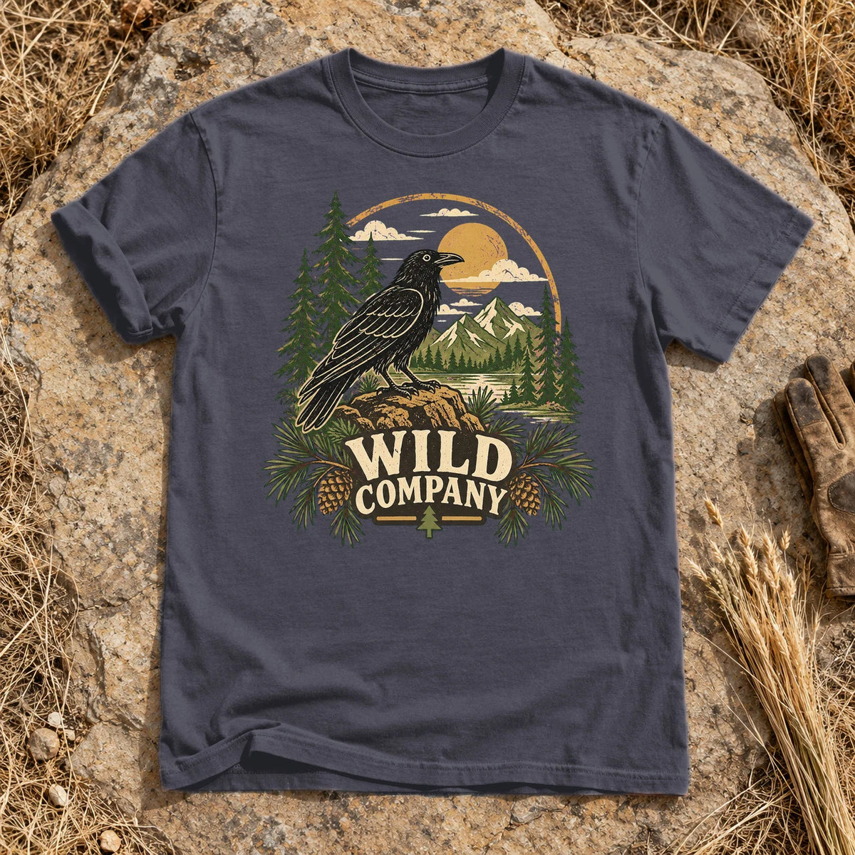 Wild Company Raven Graphic Tee on Navy Premium Tee