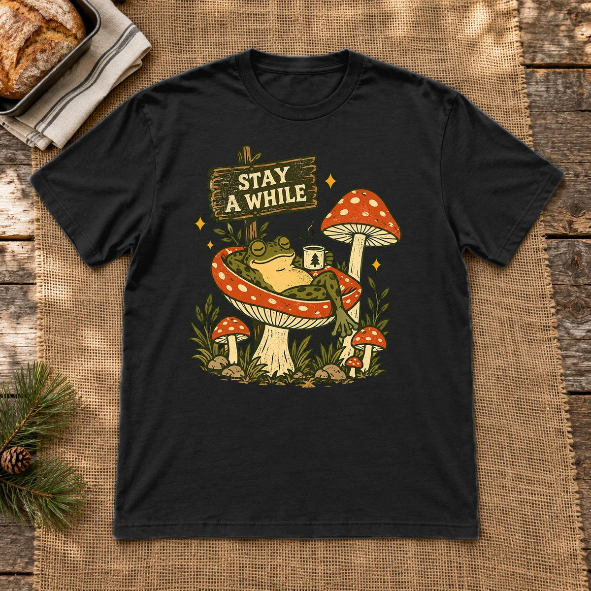 Stay A While Mushroom Frog Graphic Tee on Black Everyday Soft Tee